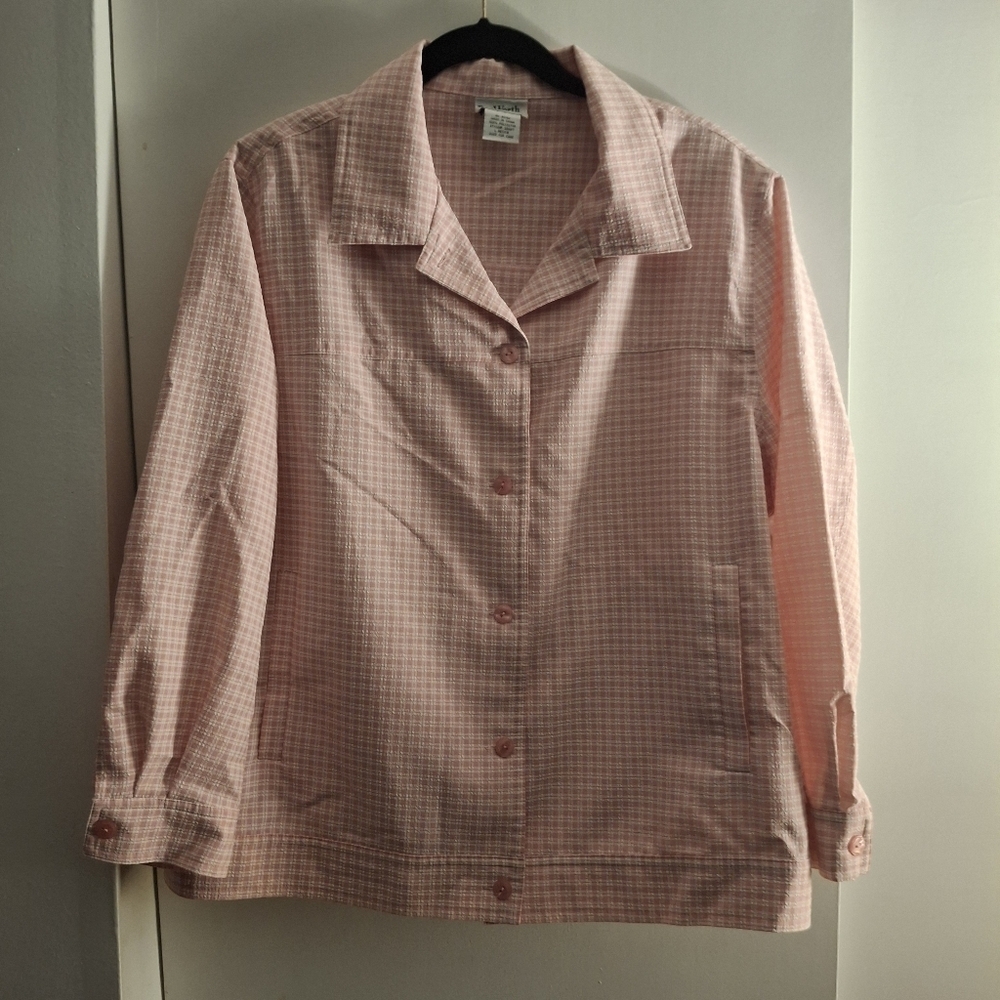 Bon Worth Women's Pink Checkered Button-Up Jacket.